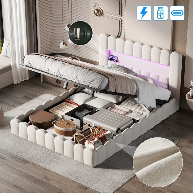 StayPlay Runaway Tweepersoonsbed 160x200cm – Linnen met hydraulisch opbergsysteem, opbergruimte en lattenbodem