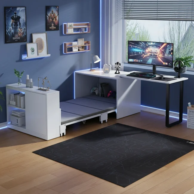 StayPlay Runaway Bedframe – Metalen Wit met opbergruimte, ingebouwd bureau en 2-in-1 functie