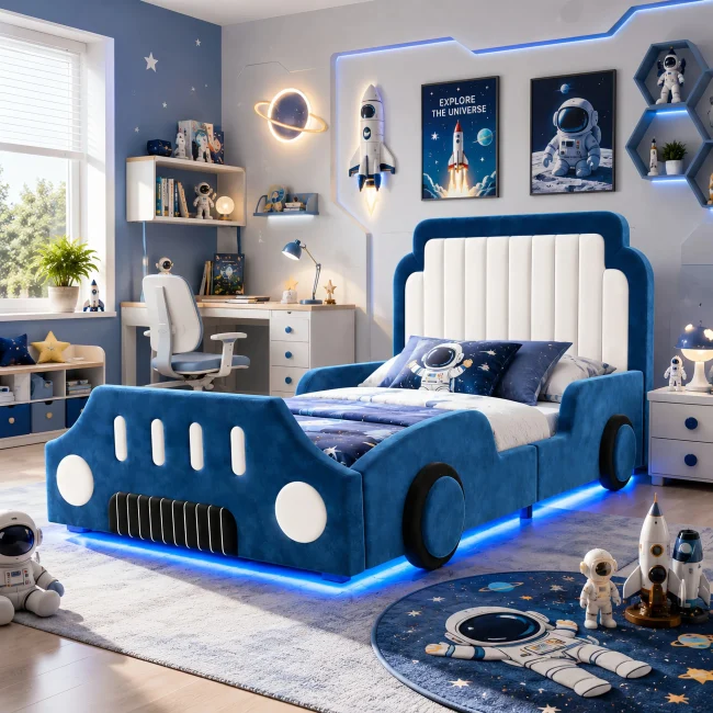 StayPlay Runaway Kinderbed 90x200cm – Fluweel Blauw met LED-verlichting en veiligheidsrand