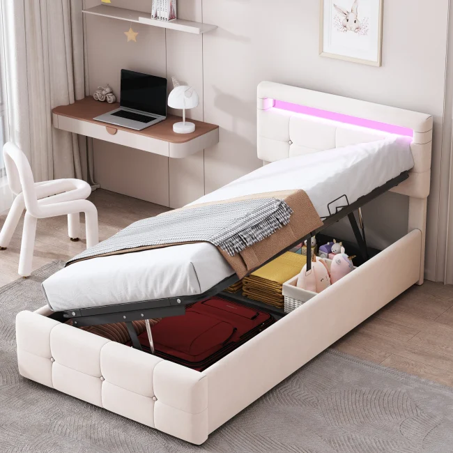 StayPlay Runaway Hoogslaper 90x200cm met LED-verlichting, hydraulisch opbergsysteem en opbergruimte
