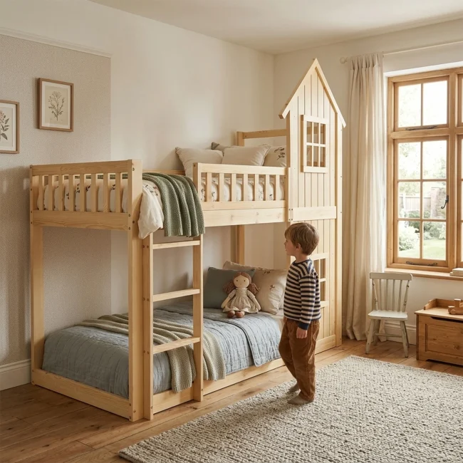 StayPlay Runaway Stapelbed 90x200cm – Grenen Naturel met veilige trap – Serie 2