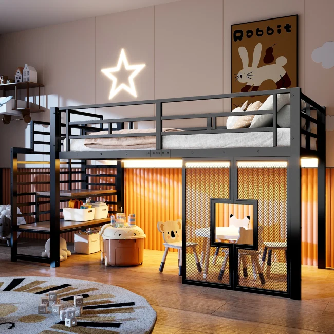 StayPlay Runaway Hoogslaper 90x200cm – Metaal Zwart met LED-verlichting en opbergruimte
