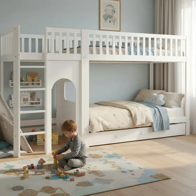 StayPlay Runaway Kinderbed 90x200cm – Grenen Wit met veilige trap