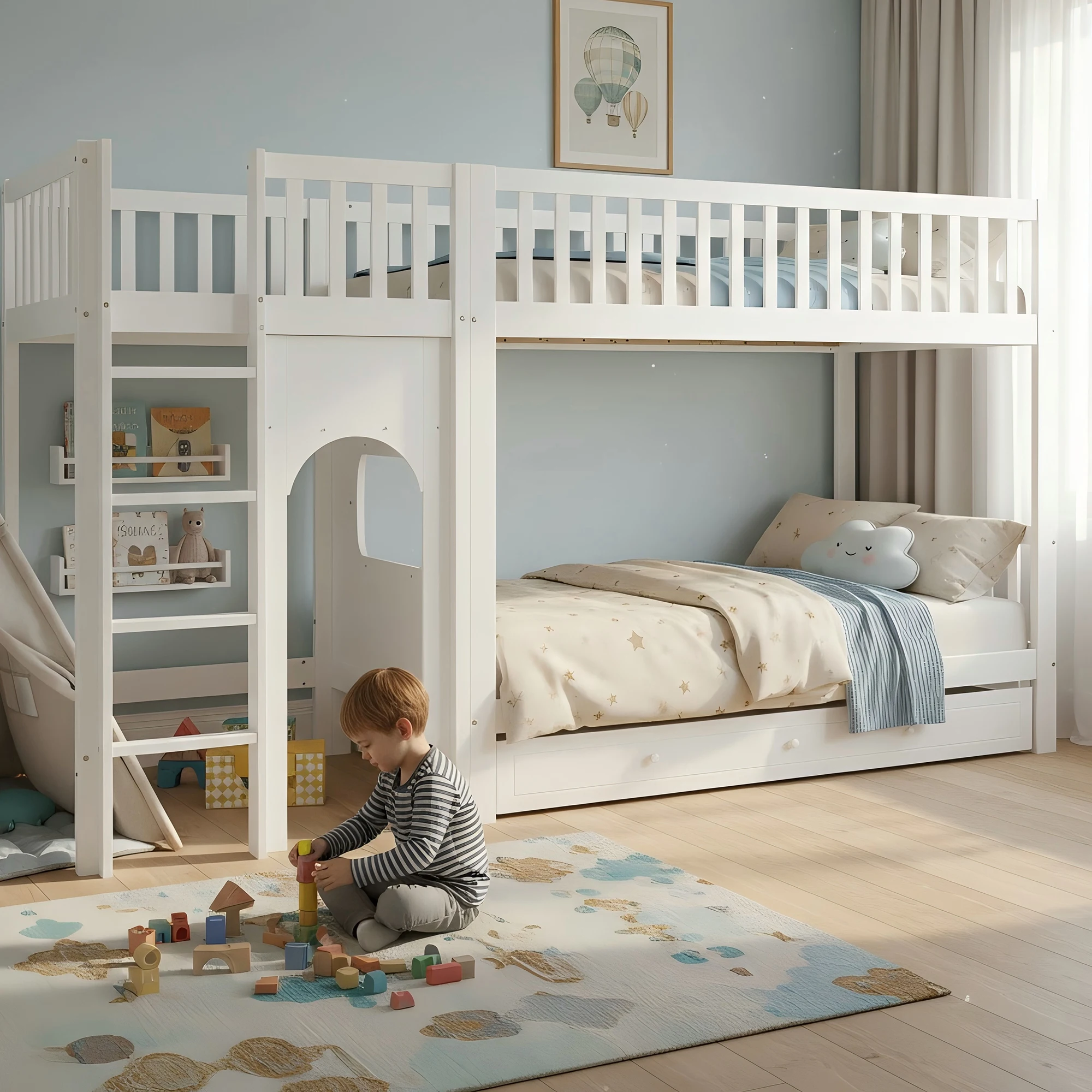 StayPlay Runaway Kinderbed 90x200cm – Grenen Wit met veilige trap