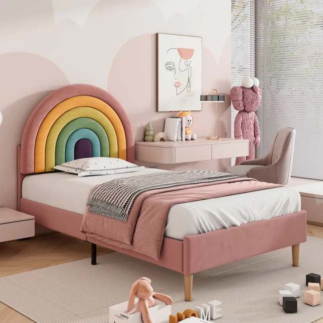 StayPlay Runaway Gestoffeerd Bed 90x200cm – Fluweel Roze met lattenbodem en verstelbare hoogte
