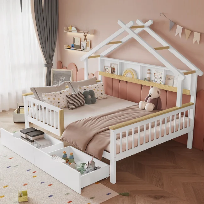 StayPlay Runaway Kinderbed 140x200cm – Massief Hout Wit met opbergruimte – Serie 3