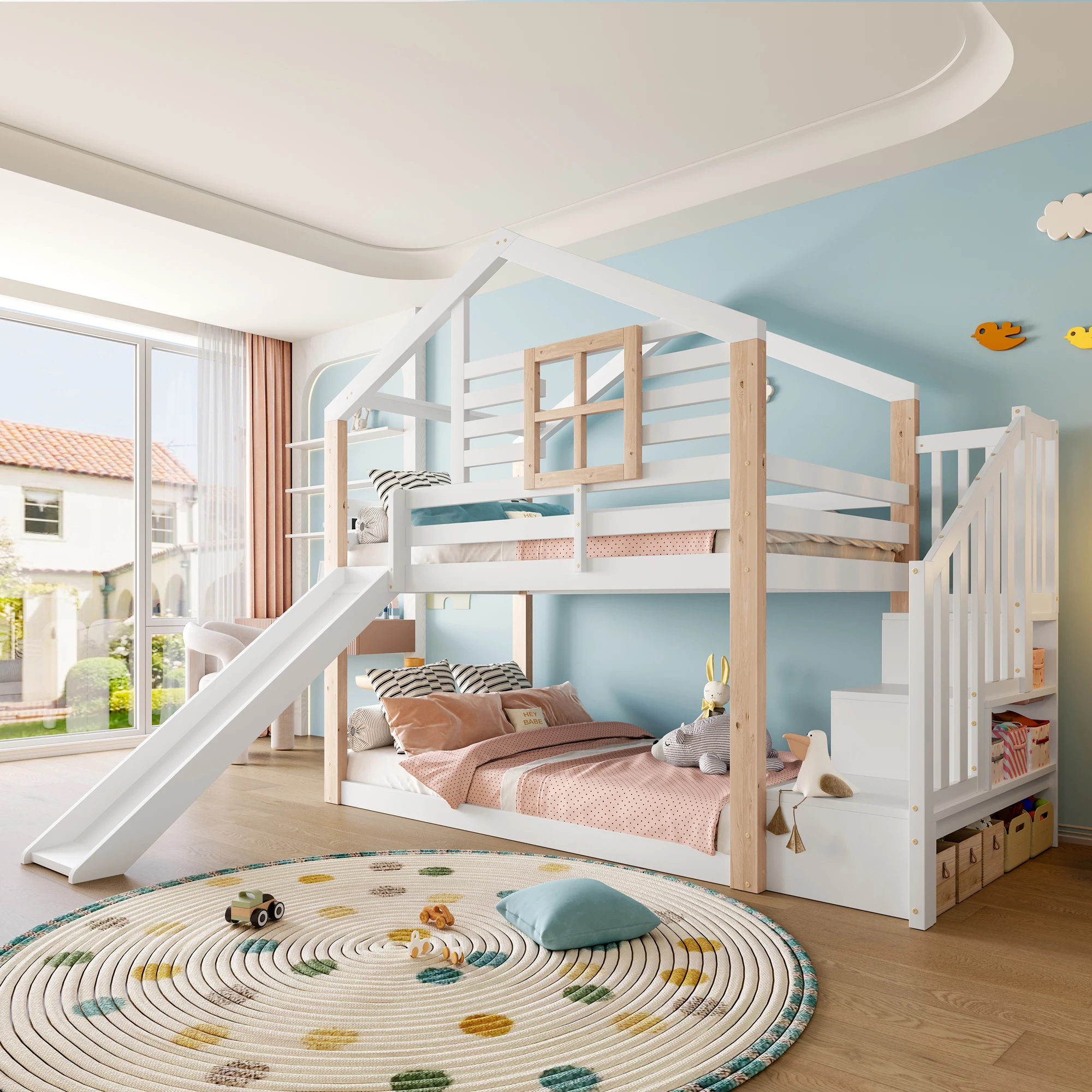 StayPlay Runaway Kinderstapelbed – Massief Hout met opbergruimte en glijbaan
