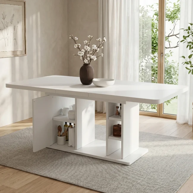 StayPlay Runaway Uitschuifbare Eettafel 140/180x80cm – Wit met opbergruimte, Scandinavisch design en geschikt voor 6-8 personen