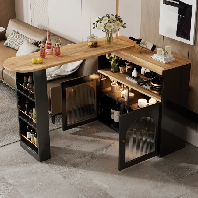 StayPlay Runaway Bartafel 193x39x105cm – Zwart met LED-verlichting, opbergruimte en draaibaar ontwerp