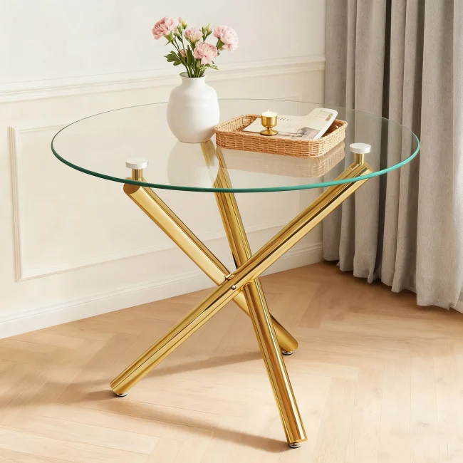 StayPlay Runaway Ronde Eettafel 80×80×76cm – Glas Goud met gehard glas