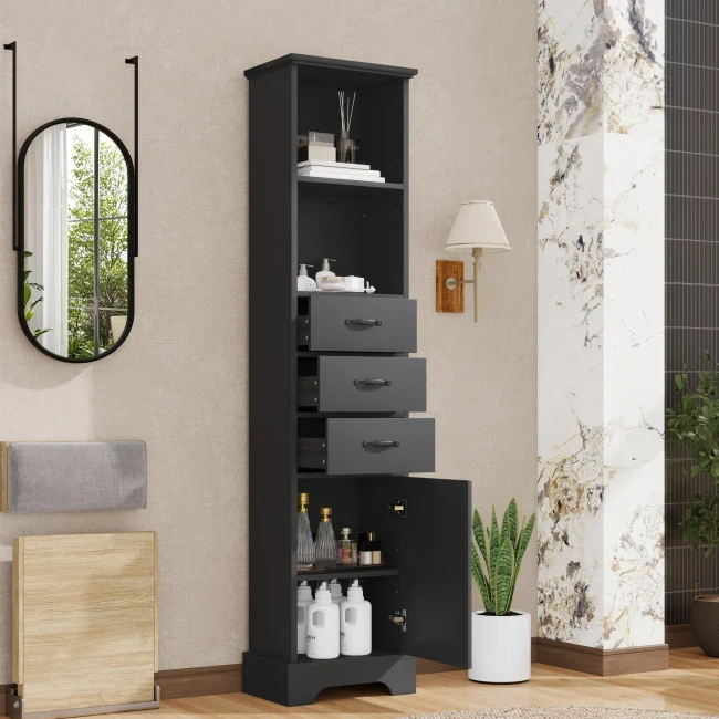 StayPlay Runaway Badkamermeubel 38x26x172,5cm – MDF Zwart met 3 laden, LED-verlichting en verstelbare planken