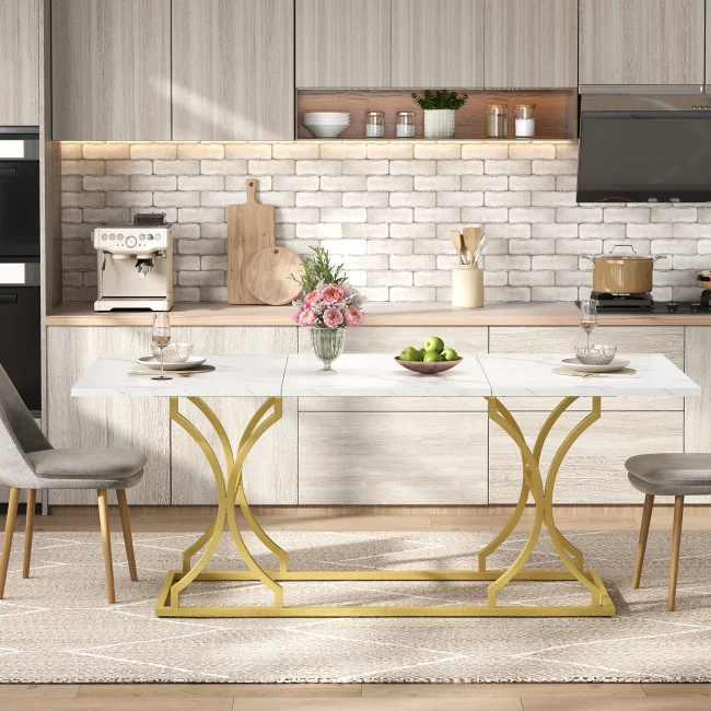 StayPlay Runaway Eettafel 200×80cm – Marmerlook Goud met geschikt voor 1-0 personen