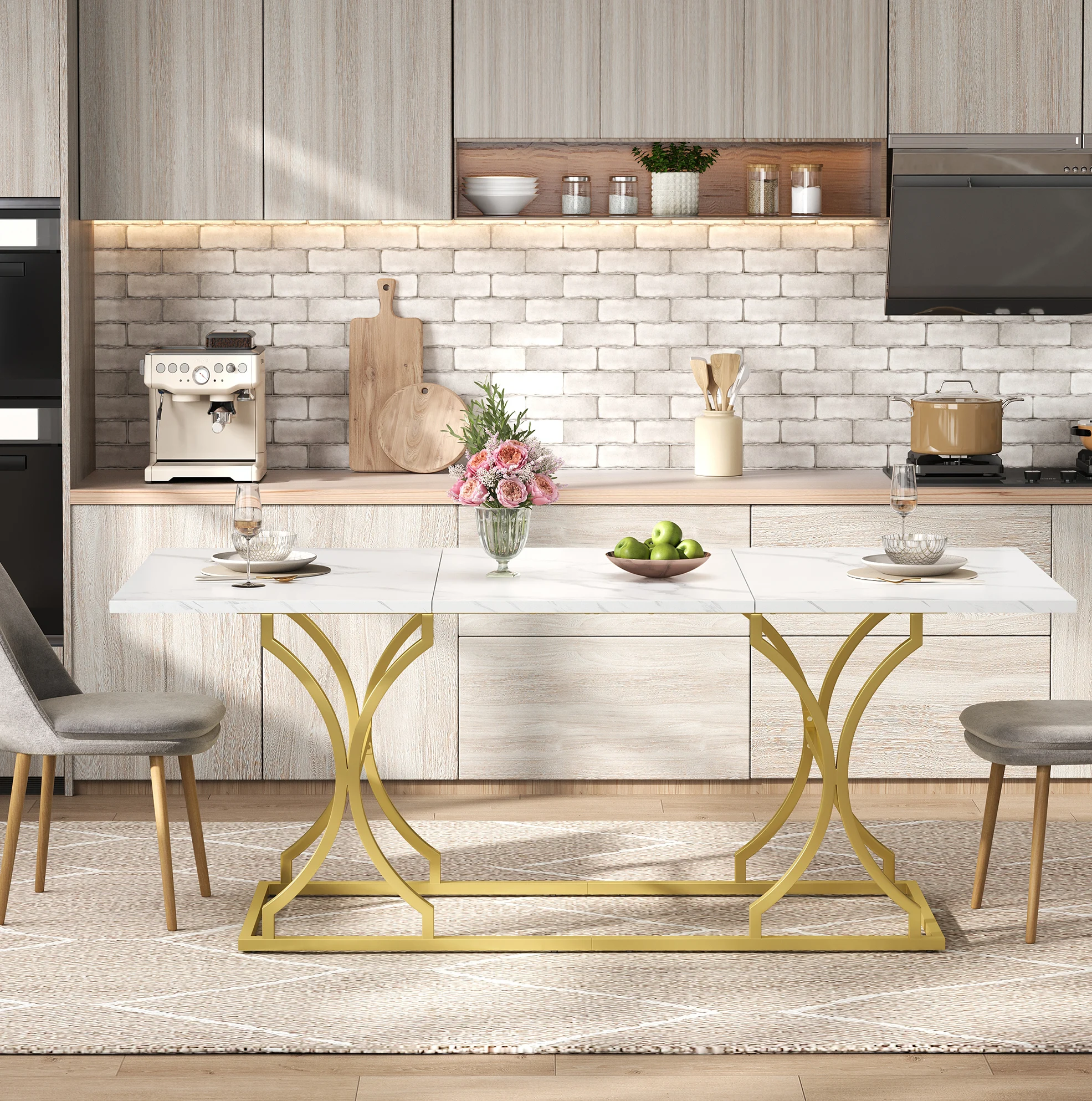 StayPlay Runaway Eettafel 200×80cm – Marmerlook Goud met geschikt voor 1-0 personen