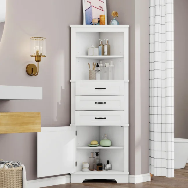 StayPlay Runaway Badkamermeubel 57,7×46×167,5cm – MDF Wit met 3 laden en verstelbare planken