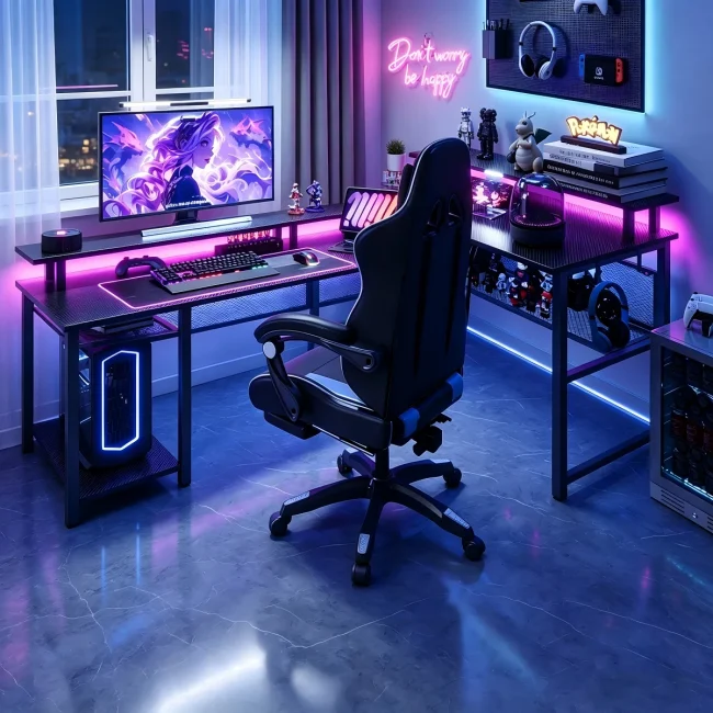 StayPlay Runaway Hoekbureau – Zwart met LED-verlichting en ingebouwde stopcontacten