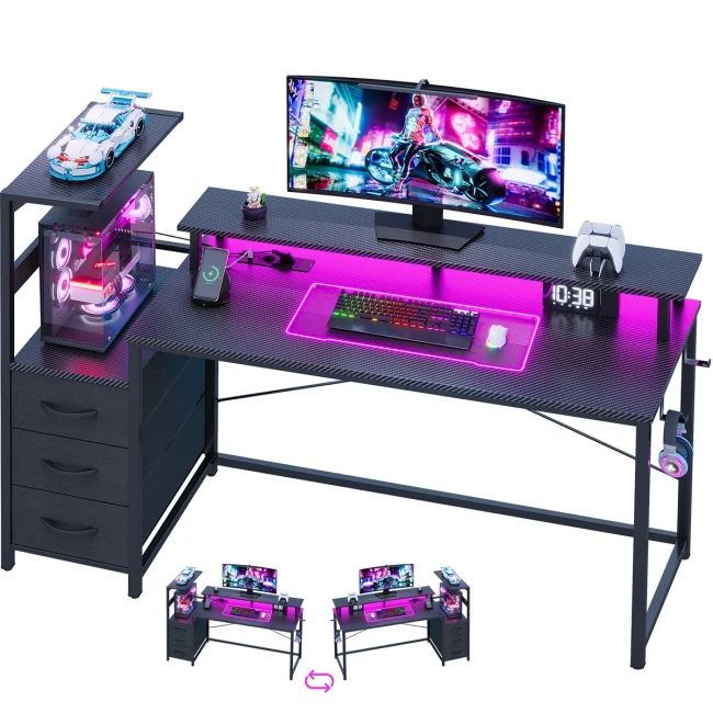 StayPlay Runaway Bureau 48x148cm – Zwart met opbergruimte, LED-verlichting en ingebouwde stopcontacten