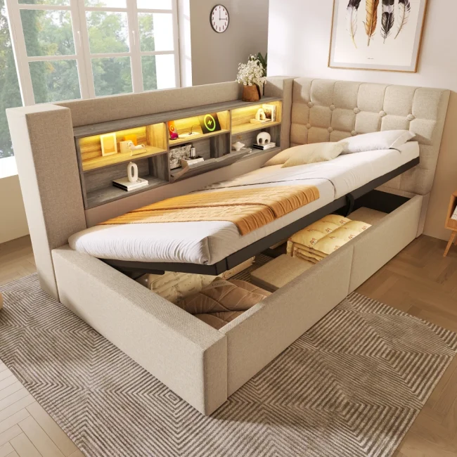 StayPlay Runaway Gestoffeerd Bed met LED-verlichting, hydraulisch opbergsysteem en roosterdesign