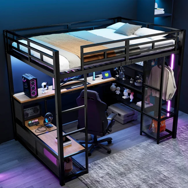StayPlay Runaway Bed 140x200cm – Metaal Zwart met LED-verlichting, USB-oplaadpoort en opbergruimte