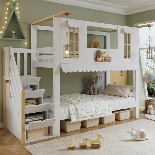 StayPlay Runaway Stapelbed 90x200cm met veilige trap en huisvormig raamdesign