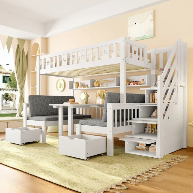 StayPlay Runaway Hoogbed 90x200cm – Wit met opbergruimte en ingebouwd bureau