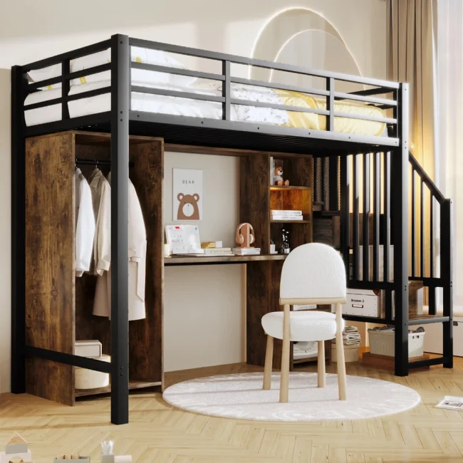 StayPlay Runaway Kinderstapelbed 90x200cm – IJzer met opbergruimte, veilige trap en ingebouwd bureau