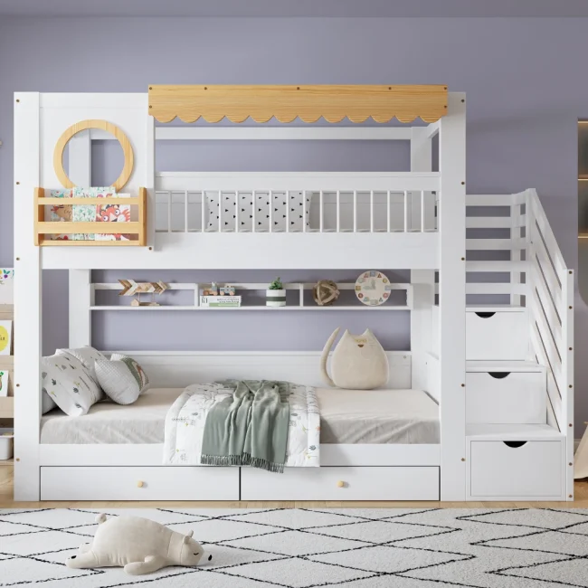 StayPlay Runaway Stapelbed 90x200cm – Grenen Wit met opbergruimte en veilige trap