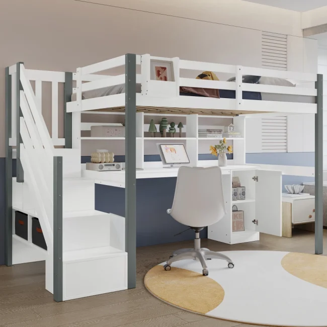 StayPlay Runaway Juniorbed 90x200cm – Grenen Wit met opbergruimte en ingebouwd bureau