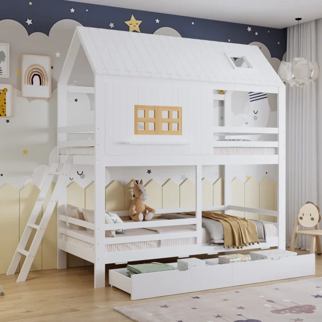 StayPlay Runaway Kinderstapelbed 90x200cm – Wit met huisvormig raamdesign