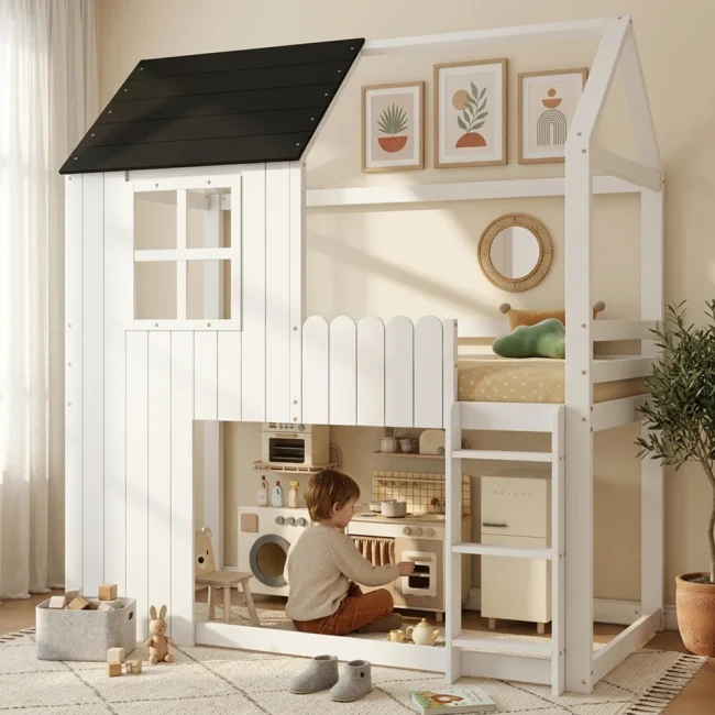 StayPlay Runaway Kinderbed 90x200cm – Massief Grenen Zwart met veilige trap en huisvormig raamdesign