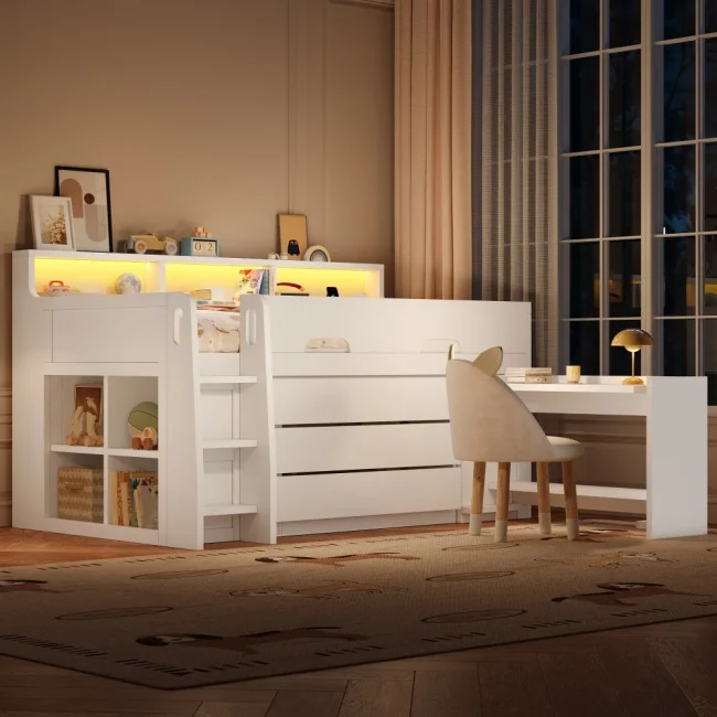 StayPlay Runaway Stapelbed 90x200cm – Wit met LED-verlichting, USB-oplaadpoort en opbergruimte