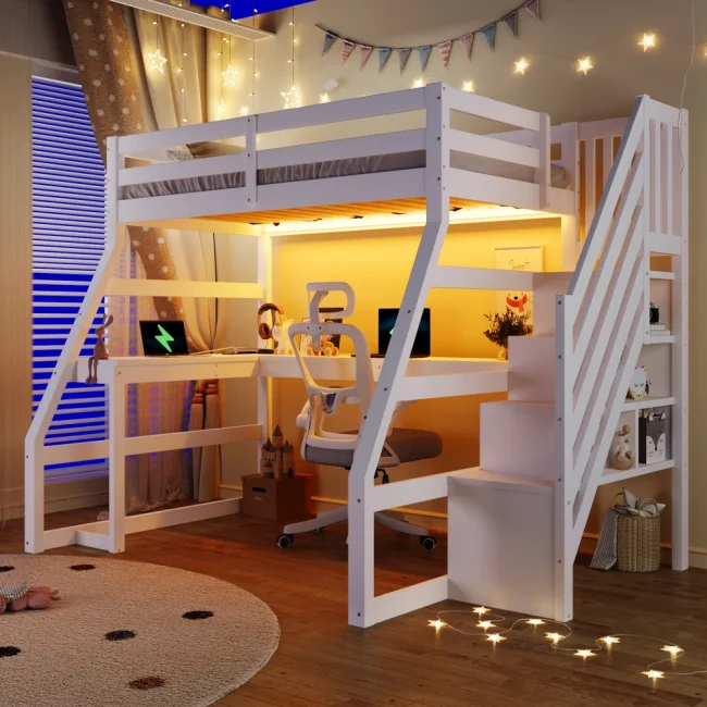StayPlay Runaway Stapelbed 90x200cm – Hout Wit met LED-verlichting, USB-oplaadpoort en opbergruimte