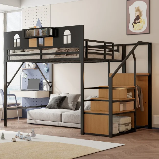 StayPlay Runaway Hoogbed 140x200cm – Metalen met opbergruimte en huisvormig raamdesign