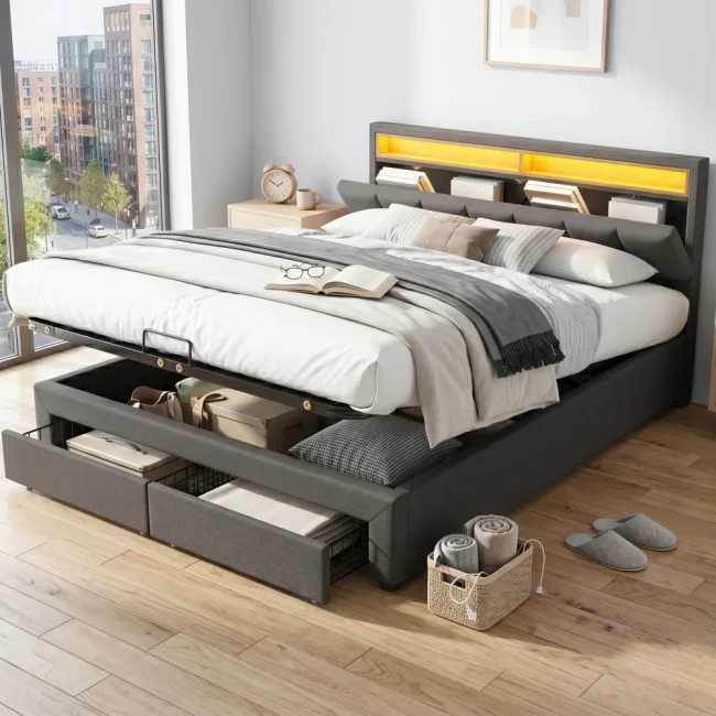 StayPlay Runaway Tweepersoonsbed 180x200cm – Linnen Grijs met LED-verlichting, hydraulisch opbergsysteem en verstelbare hoogte