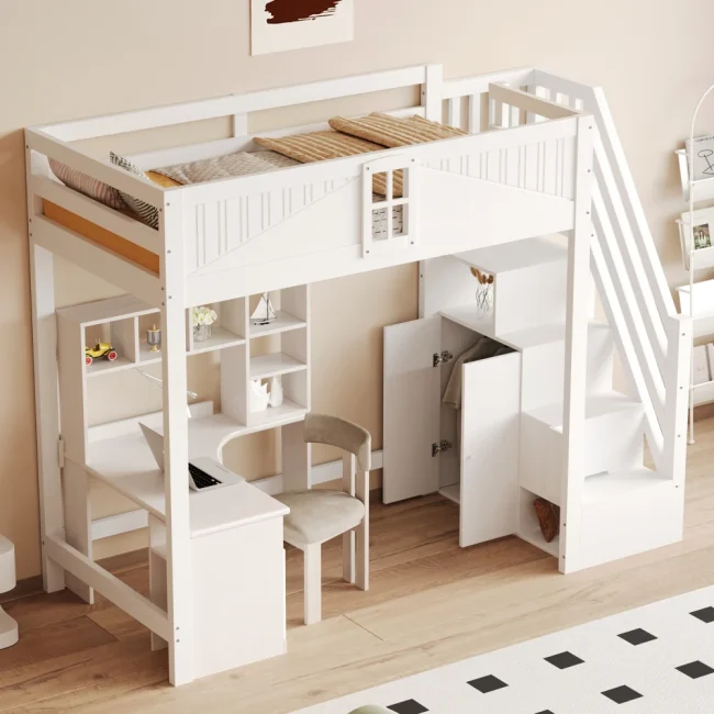 StayPlay Runaway Kinderbed 90x200cm – Massief Hout met huisvormig raamdesign