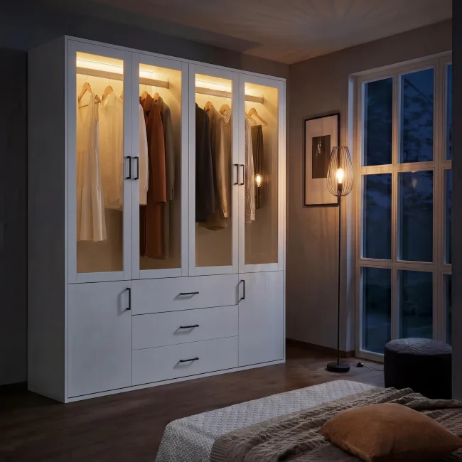 StayPlay Runaway Kledingkast 160x51,8x182cm – Wit met 3 laden en LED-verlichting