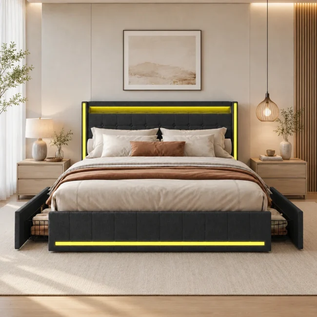 StayPlay Runaway Tweepersoonsbed 140x200cm – Linnen Donkergrijs met LED-verlichting, USB-oplaadpoort en opbergruimte