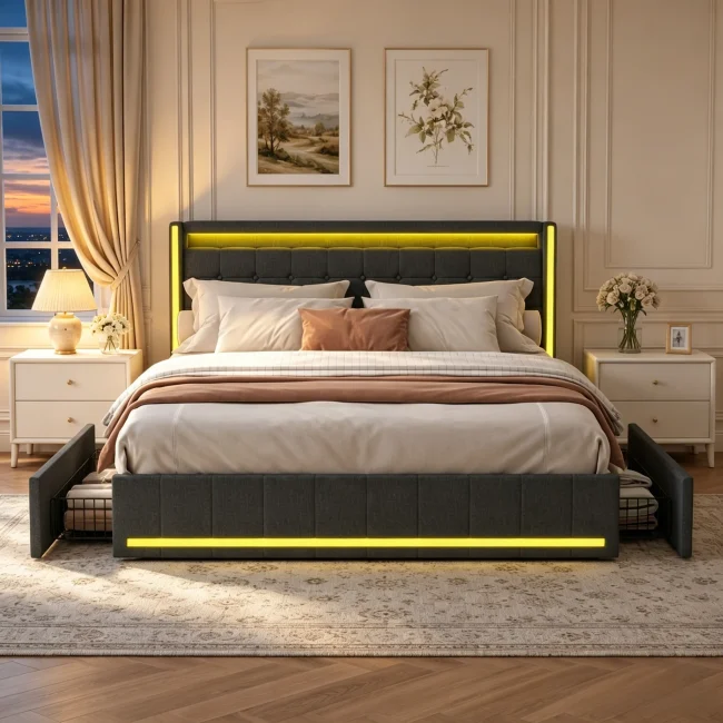 StayPlay Runaway Tweepersoonsbed – Linnen Donkergrijs met LED-verlichting, USB-oplaadpoort en opbergruimte, stoffen