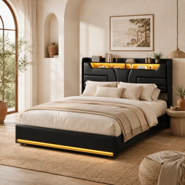StayPlay Runaway Gestoffeerd Bed – Zwart met hydraulisch opbergsysteem en opbergruimte