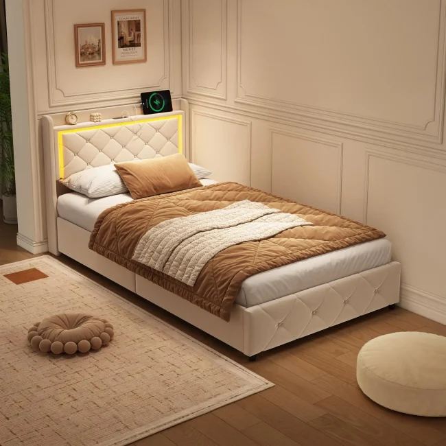 StayPlay Runaway Gestoffeerd Bed 90x200cm – Fluweel Beige met LED-verlichting, USB-oplaadpoort en hydraulisch opbergsysteem