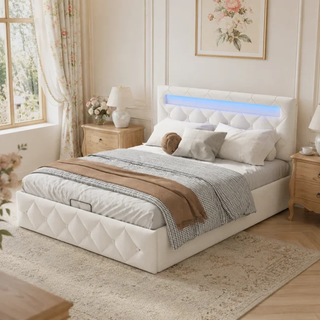 StayPlay Runaway Gestoffeerd Bed 140/160x200cm – Fluweel met LED-verlichting, opbergruimte en lattenbodem