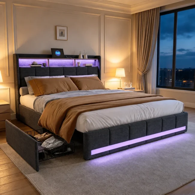 StayPlay Runaway Tweepersoonsbed – Linnen Grijs met LED-verlichting en opbergruimte