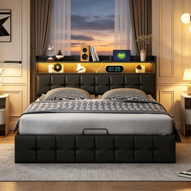 StayPlay Runaway Tweepersoonsbed – Zwart met hydraulisch opbergsysteem en opbergruimte
