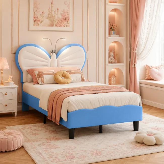 StayPlay Runaway Kinderbed 190/200cm – Wit met LED-verlichting en vlindervormig hoofdeinde