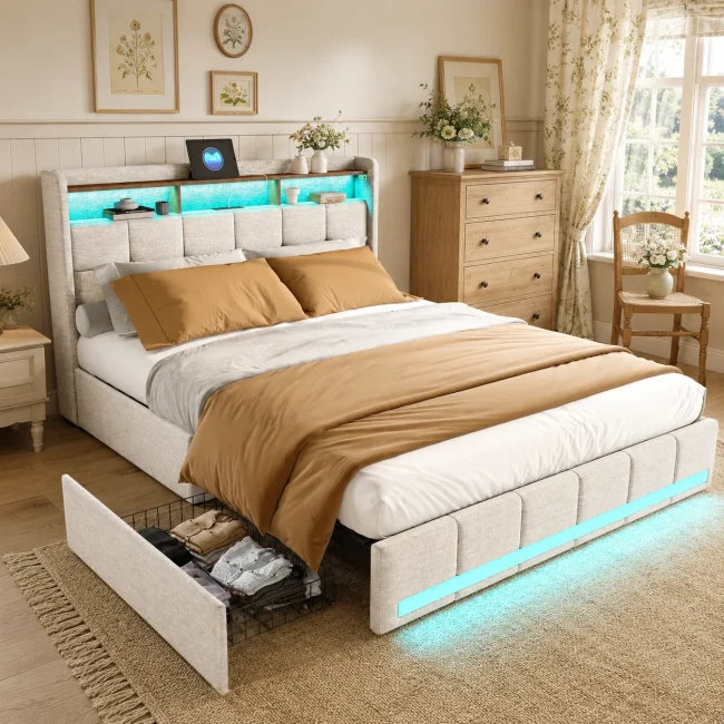 StayPlay Runaway Tweepersoonsbed – Linnen Beige met LED-verlichting, USB-oplaadpoort en gevleugeld hoofdeinde
