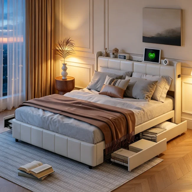 StayPlay Runaway Bedframe 160x200cm – Beige met hydraulisch opbergsysteem, opbergruimte en lattenbodem