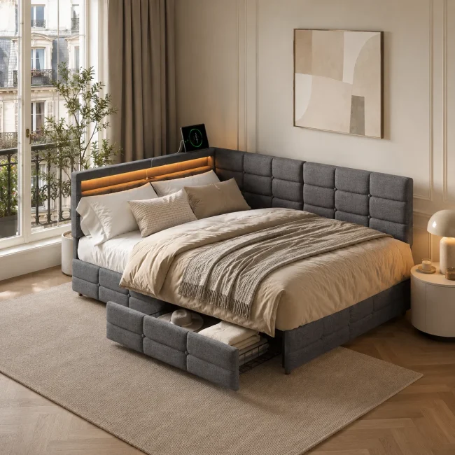 StayPlay Runaway Gestoffeerd Bed – Grijs met LED-verlichting, opbergruimte en lattenbodem