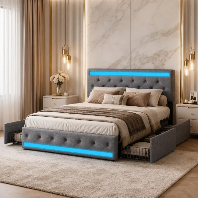 StayPlay Runaway Tweepersoonsbed – Linnen Donkergrijs met LED-verlichting, USB-oplaadpoort en opbergruimte, tweepersoonsbedframe