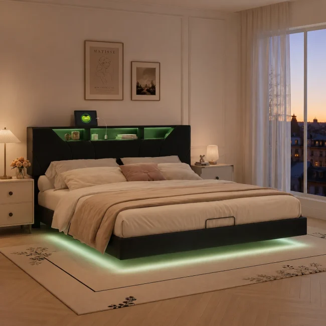 StayPlay Runaway Tweepersoonsbed – Zwart met LED-verlichting en opbergruimte
