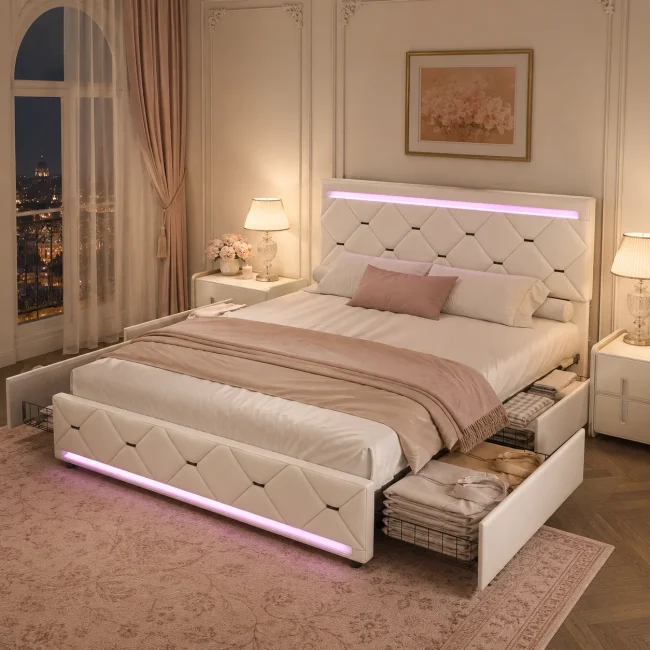 StayPlay Runaway Tweepersoonsbed – Fluweel Beige met opbergruimte en lattenbodem