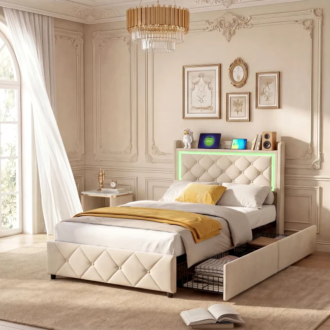 StayPlay Runaway Bedframe – Fluweel Beige met USB-oplaadpoort, opbergruimte en diamantpatroon stiksel